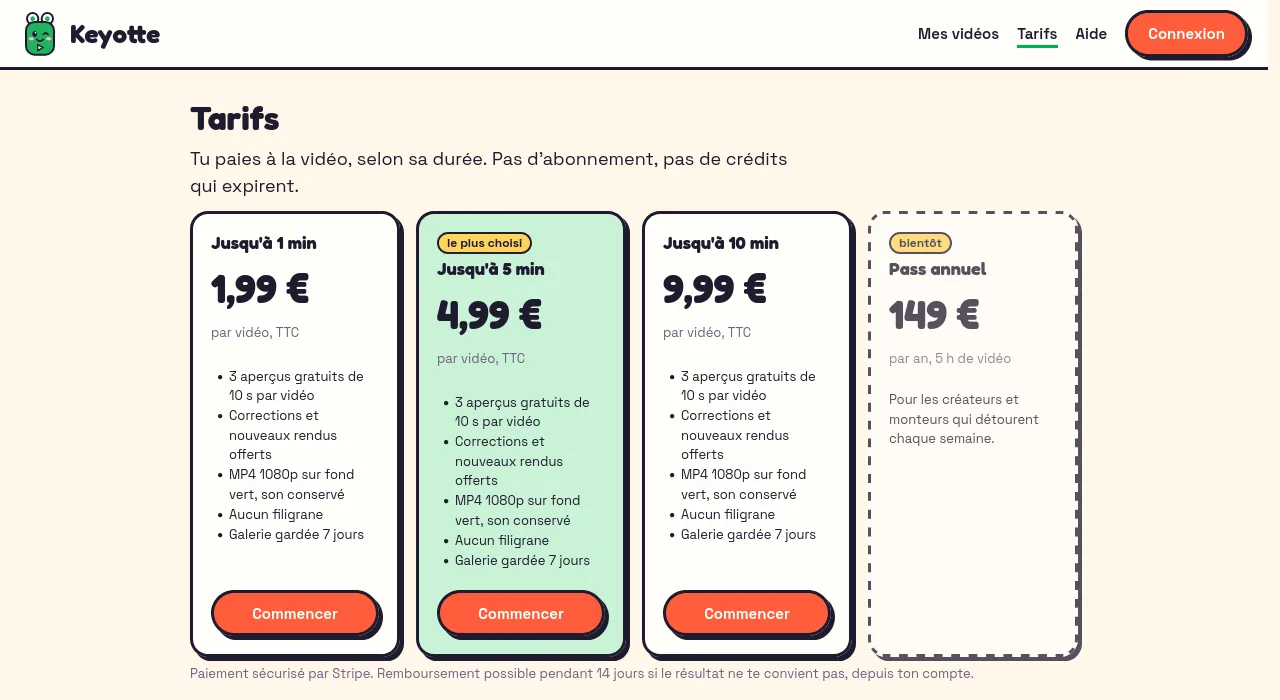 Tarifs Keyotte : 1,99 € jusqu'à 1 min, 4,99 € jusqu'à 5 min, 9,99 € jusqu'à 10 min, par vidéo